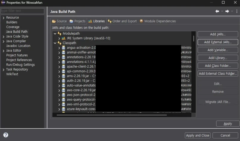 Eclipse Java Build Path의 Classpath 아래에 와우자 JAR 라이브러리들이 추가된 화면
