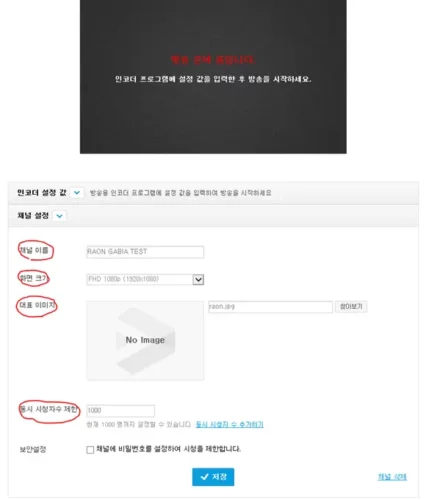 가비아 스마트UCC에서 채널 이름, 해상도, 대표 이미지와 동시 시청자 제한을 설정하는 화면