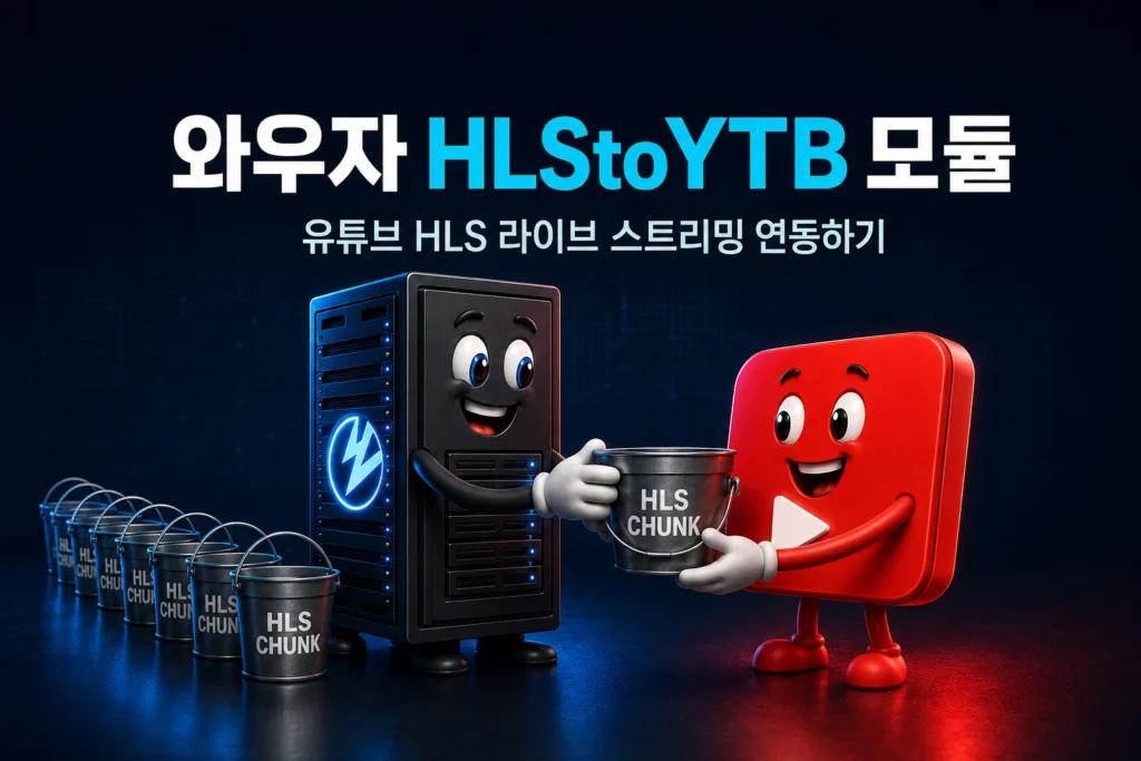 와우자 스트리밍 엔진에서 유튜브 라이브로 HLS 청크 데이터를 전송하는 것을 묘사한 가로 섬네일
