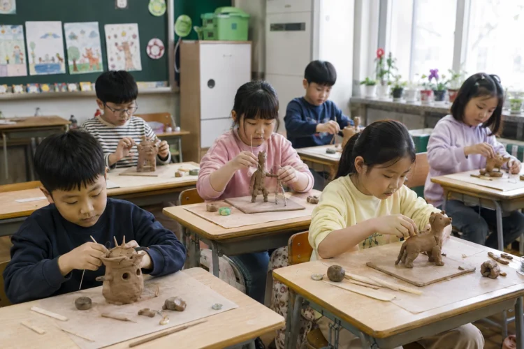 미술 교실에서 아이들이 철사·이쑤시개·나무젓가락을 이용해 각자의 찰흙 작품을 만드는 모습