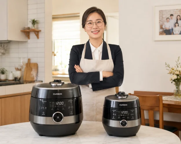 정장 위에 앞치마를 두른 안경 쓴 여성이 크기가 다른 두 전기 압력밥솥 뒤에 서 있는 모습
