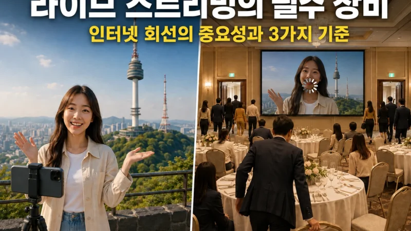 남산을 배경으로 라이브 방송중인 스트리머와 버퍼링으로 인해 채널을 떠나는 사람들을 묘사한 가로 섬네일