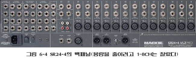 채널별 XLR·라인 입력과 각종 출력 단자가 배치된 Mackie SR24-4-VLZ Pro 리어 패널