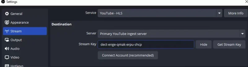 OBS YouTube-HLS 설정의 Stream Key 항목에 시험용 스트림 키를 입력하는 화면
