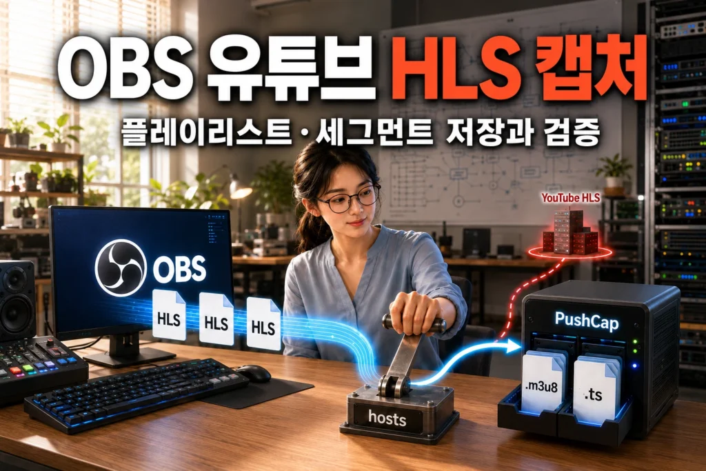 엔지니어가 hosts 설정으로 OBS의 유튜브 HLS 출력을 PushCap 서버로 우회해 M3U8 플레이리스트와 TS 미디어 세그먼트를 저장하는 모습을 묘사한 가로 섬네일 이미지