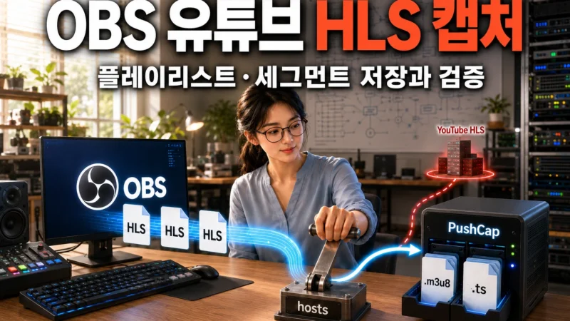 엔지니어가 hosts 설정으로 OBS의 유튜브 HLS 출력을 PushCap 서버로 우회해 M3U8 플레이리스트와 TS 미디어 세그먼트를 저장하는 모습을 묘사한 가로 섬네일 이미지