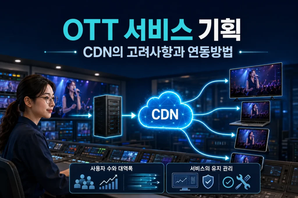 라이브 스트림이 원본 서버에서 CDN으로 전달된 뒤 여러 사용자 단말로 분산되는 구조를 표현한 가로형 섬네일