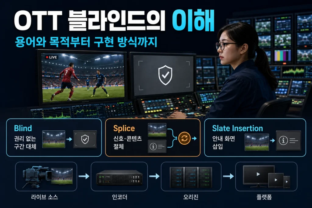 OTT 블라인드 서비스를 지칭하는 용어와 구현하기 위한 방법을 묘사한 가로형 섬네일 이미지