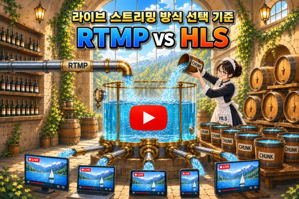 라이브 스트리밍 방식 중 RTMP와 HLS 프로토콜의 동작을 묘사한 가로 섬네일 이미지
