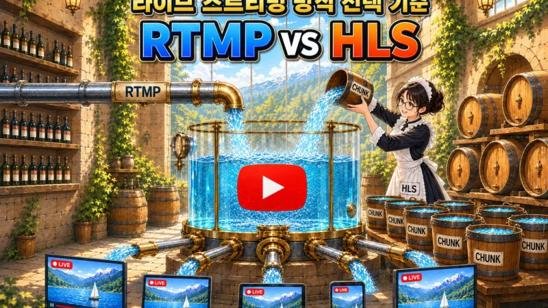 라이브 스트리밍 방식 중 RTMP와 HLS 프로토콜의 동작을 묘사한 가로 섬네일 이미지