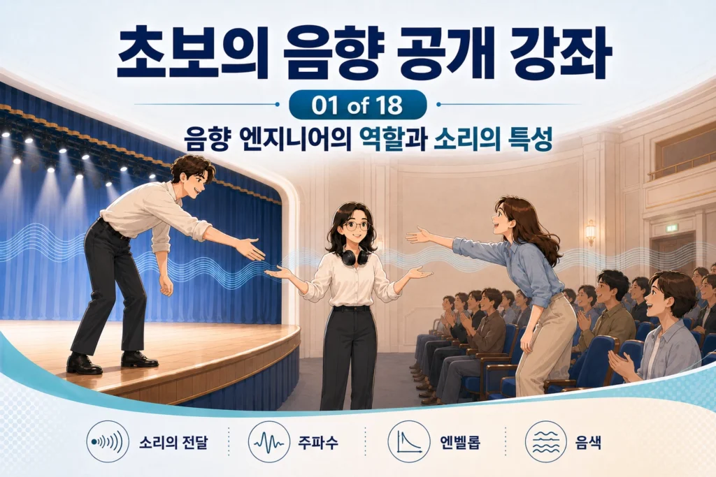 무대와 객석을 이어주는 음향 엔지니어를 묘사한 가로 섬네일 이미지