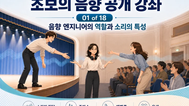 무대와 객석을 이어주는 음향 엔지니어를 묘사한 가로 섬네일 이미지