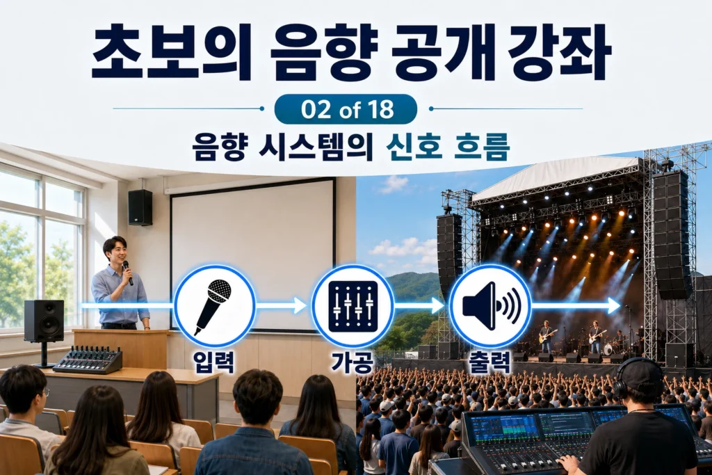 입력 가공 출력으로 이어지는 음향 시스템의 신호 흐름을 설명하는 가로 섬네일 이미지