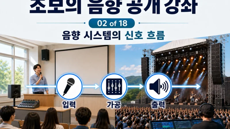 입력 가공 출력으로 이어지는 음향 시스템의 신호 흐름을 설명하는 가로 섬네일 이미지