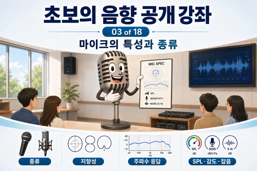 빈티지 마이크가 지향성, 주파수 응답, 감도등이 적힌 스펙문서을 보여주며 자기소개하는 가로 섬네일 이미지