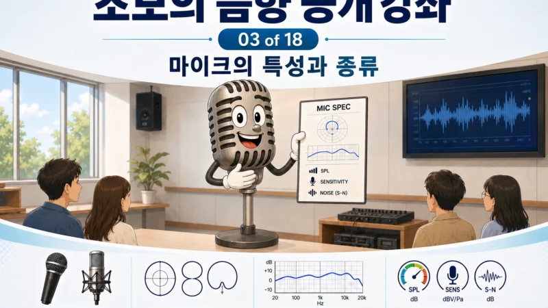 빈티지 마이크가 지향성, 주파수 응답, 감도등이 적힌 스펙문서을 보여주며 자기소개하는 가로 섬네일 이미지
