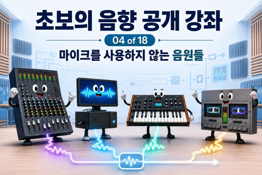 마이크를 사용하지 않고 전기적인 방법으로 음향 신호를 생성하는 장비들을 묘사한 가로 섬네일 이미지