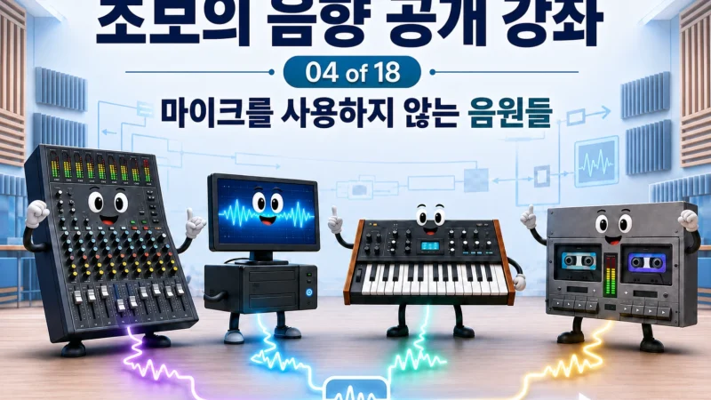 마이크를 사용하지 않고 전기적인 방법으로 음향 신호를 생성하는 장비들을 묘사한 가로 섬네일 이미지