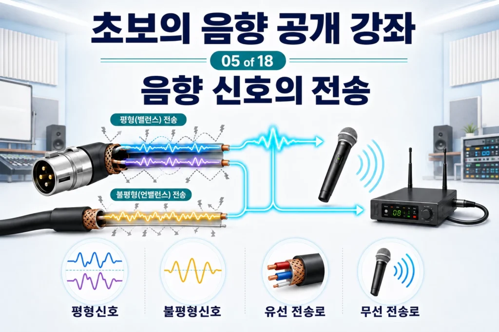 음향 신호의 유선 및 무선 전송로와 평형, 불평형 신호, 케이블에 대해 설명하는 음향 공개 강좌 가로 섬네일 이미지