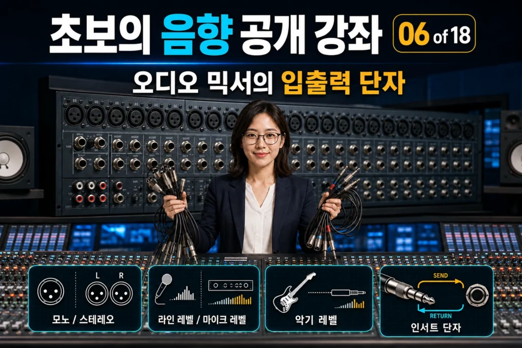 오디오 믹서 앞에서 음향 케이블을 든 여성 엔지니어와 모노·스테레오, 마이크·악기·라인 레벨 및 인서트 단자 아이콘