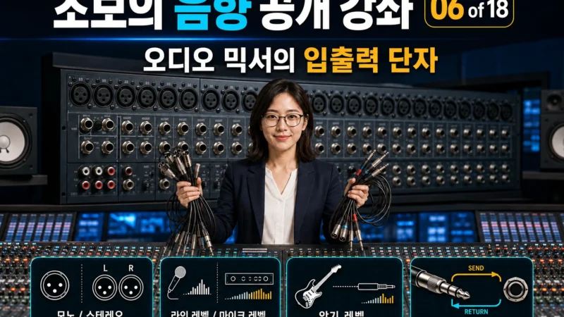 오디오 믹서 앞에서 음향 케이블을 든 여성 엔지니어와 모노·스테레오, 마이크·악기·라인 레벨 및 인서트 단자 아이콘