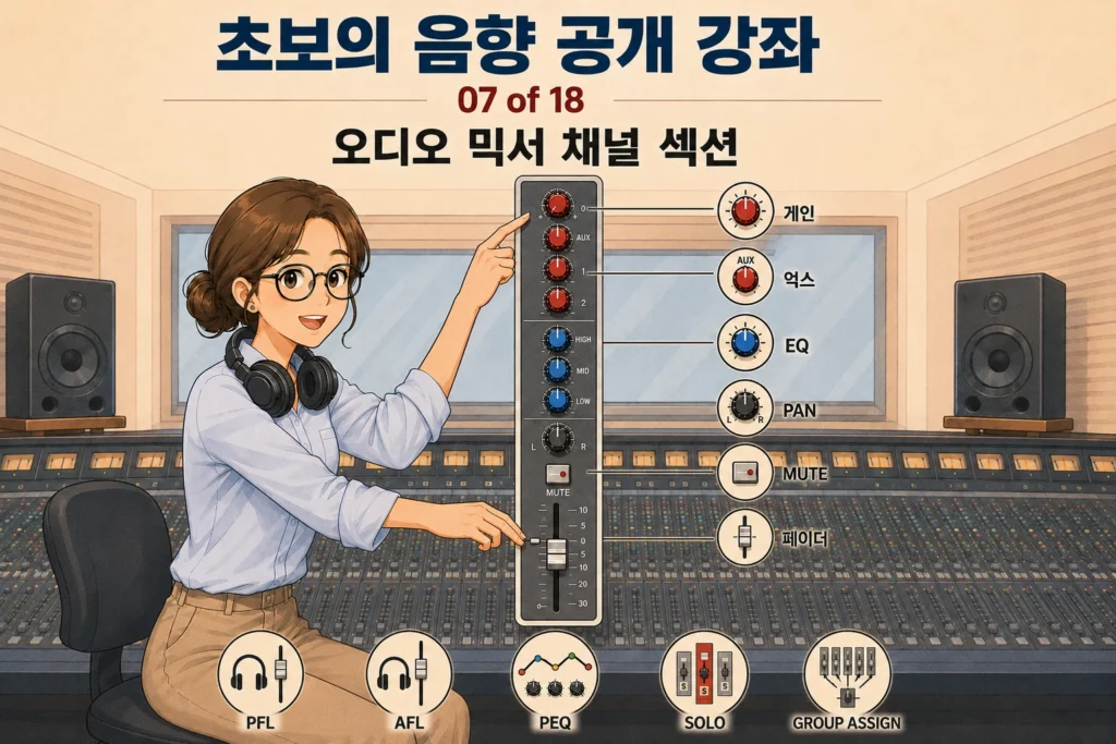 헤드폰을 목에 건 음향 엔지니어가 믹서 채널 스트립의 게인·억스·EQ·PAN·MUTE·페이더와 PFL·AFL·PEQ·SOLO·GROUP ASSIGN을 설명하는 가로형 섬네일