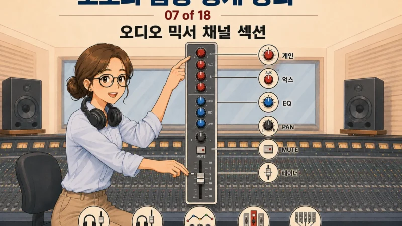 헤드폰을 목에 건 음향 엔지니어가 믹서 채널 스트립의 게인·억스·EQ·PAN·MUTE·페이더와 PFL·AFL·PEQ·SOLO·GROUP ASSIGN을 설명하는 가로형 섬네일
