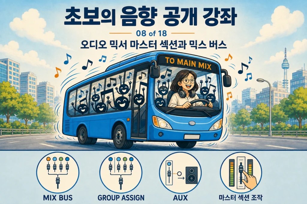 헤드폰을 목에 건 음향 엔지니어가 노래하는 음표들을 태운 믹스 버스를 운전하는 오디오 믹서 마스터 섹션 강좌 가로 섬네일