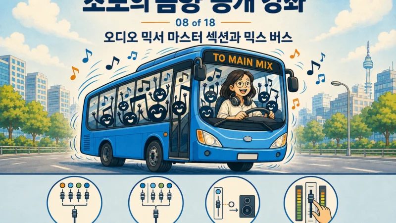 헤드폰을 목에 건 음향 엔지니어가 노래하는 음표들을 태운 믹스 버스를 운전하는 오디오 믹서 마스터 섹션 강좌 가로 섬네일