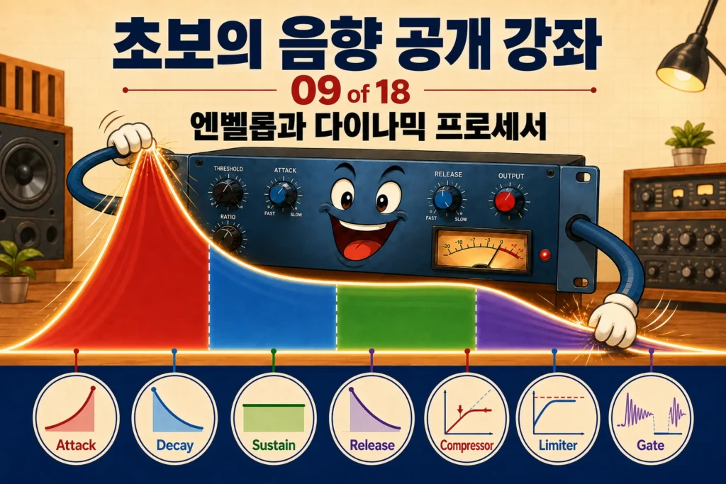 의인화된 다이나믹 프로세서가 엔벨롭을 변형하고 하단에 Attack·Decay·Sustain·Release와 Compressor·Limiter·Gate를 표시한 가로형 섬네일