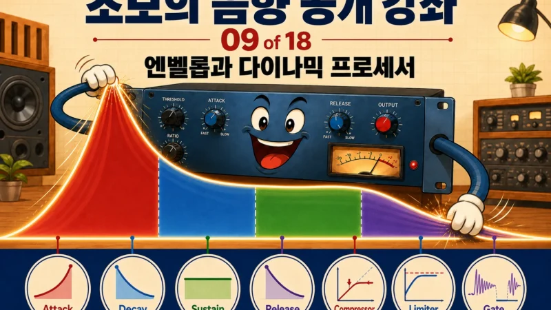 의인화된 다이나믹 프로세서가 엔벨롭을 변형하고 하단에 Attack·Decay·Sustain·Release와 Compressor·Limiter·Gate를 표시한 가로형 섬네일
