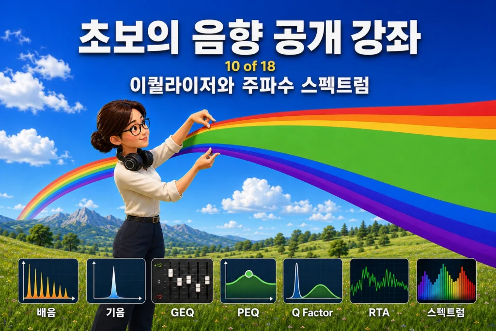 무지개로 묘사된 주파수 스펙트럼을 이퀄라이저를 통해 조작하는 것을 묘사하고 하단에 배음·기음·GEQ·PEQ·Q Factor·RTA·스펙트럼 아이콘이 배치된 가로 섬네일 이미지