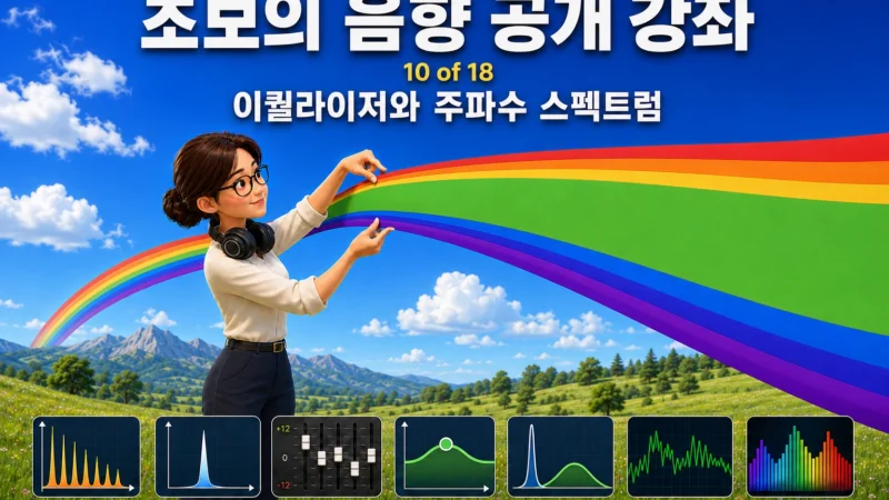 무지개로 묘사된 주파수 스펙트럼을 이퀄라이저를 통해 조작하는 것을 묘사하고 하단에 배음·기음·GEQ·PEQ·Q Factor·RTA·스펙트럼 아이콘이 배치된 가로 섬네일 이미지