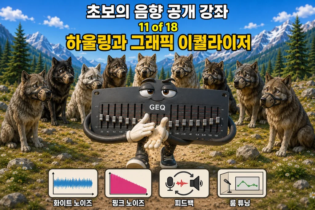 그래픽 이퀄라이저를 이용해 하울링 현상을 억제하는 것을 묘사한 가로 섬네일 이미지