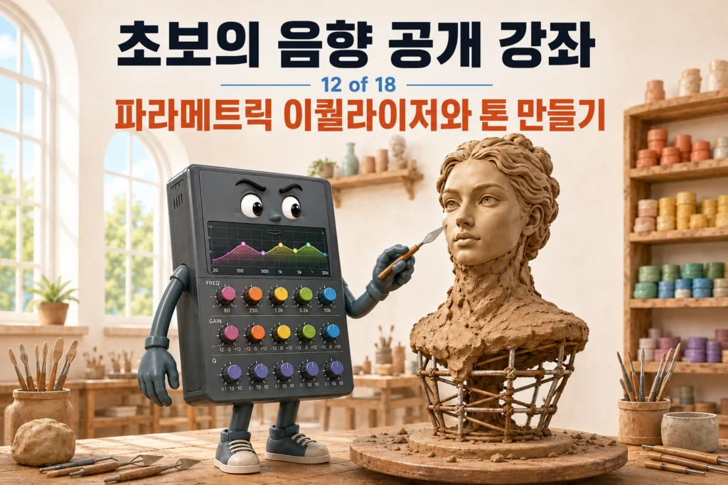 이퀄라이저를 이용해 음향 톤을 제어하는 모습을 찰흙 공방에서 조각칼로 반신상을 다듬는 모습으로 묘사한 가로 섬네일 이미지
