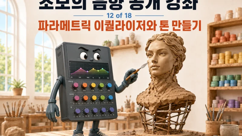 이퀄라이저를 이용해 음향 톤을 제어하는 모습을 찰흙 공방에서 조각칼로 반신상을 다듬는 모습으로 묘사한 가로 섬네일 이미지