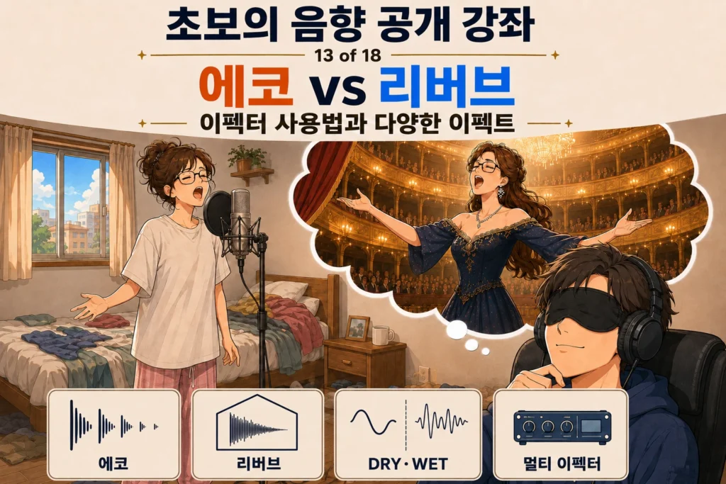 너저분한 방에서 노래하는 여성과 눈가리개·헤드폰을 쓴 남성이 상상하는 오페라 극장의 독창 장면을 통해 에코와 리버브가 소리에 주는 공간감을 묘사한 가로 섬네일 이미지