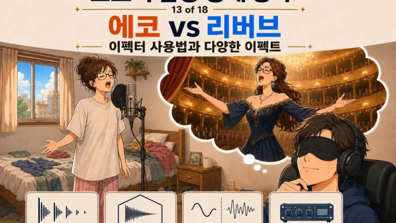 너저분한 방에서 노래하는 여성과 눈가리개·헤드폰을 쓴 남성이 상상하는 오페라 극장의 독창 장면을 통해 에코와 리버브가 소리에 주는 공간감을 묘사한 가로 섬네일 이미지