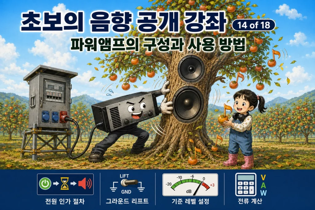 감나무 과수원에서 파워앰프가 스피커 모양의 감나무를 흔들고 5세 소녀가 음표 모양의 감을 들고 기뻐하는 초보의 음향 공개 강좌 14 가로 섬네일