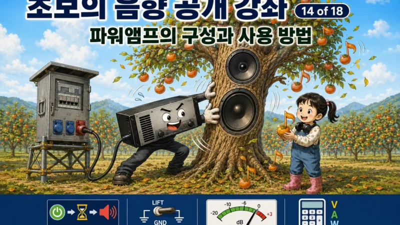 감나무 과수원에서 파워앰프가 스피커 모양의 감나무를 흔들고 5세 소녀가 음표 모양의 감을 들고 기뻐하는 초보의 음향 공개 강좌 14 가로 섬네일