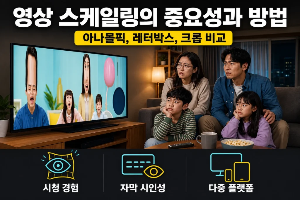 아나몰픽, 레터박스, 크롭방식의 영상 스케일링을 설명하는 가로 섬네일 이미지. 왜곡된 TV 화면으로 인해 불편해 하고 있다.