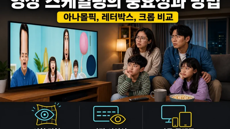 아나몰픽, 레터박스, 크롭방식의 영상 스케일링을 설명하는 가로 섬네일 이미지. 왜곡된 TV 화면으로 인해 불편해 하고 있다.