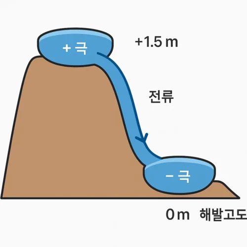 높이 차이에 따라 물이 양극에서 음극으로 흐르는 모습으로 전압과 전류를 설명한 비유 그림