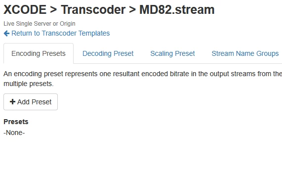 프리셋이 등록되지 않은 MD82.stream 트랜스코더 템플릿