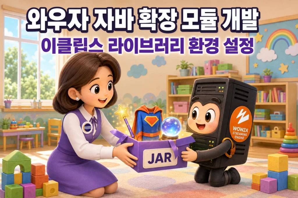 와우자 스트리밍 엔진의 라이브러리를 이용해 생성된 JAR 형태의 확장 모듈을 와우자에게 선물하는 이클립스를 묘사한 가로 섬네일