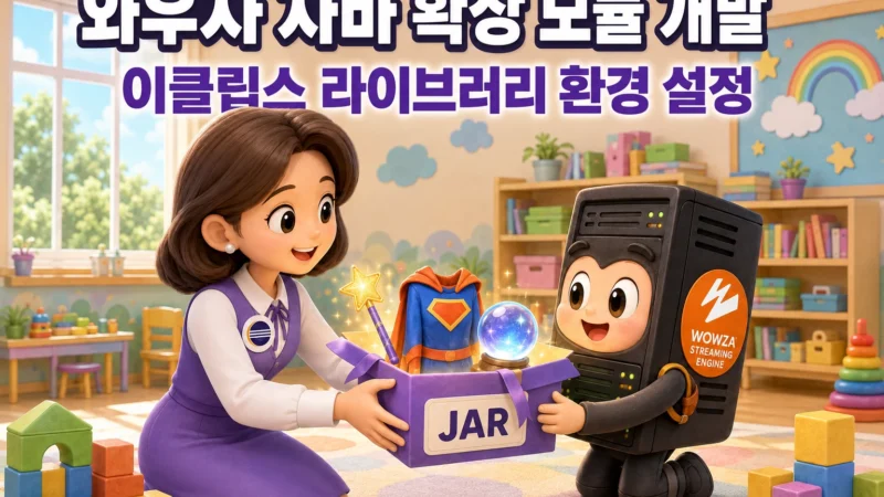 와우자 스트리밍 엔진의 라이브러리를 이용해 생성된 JAR 형태의 확장 모듈을 와우자에게 선물하는 이클립스를 묘사한 가로 섬네일