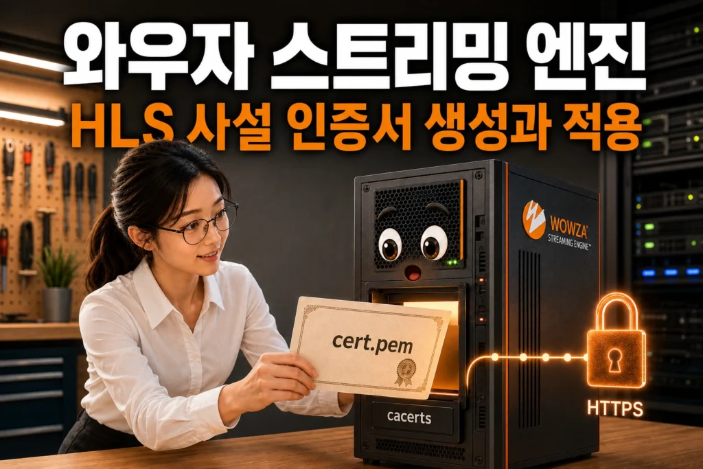 와우자 스트리밍 엔진 서버의 Java 신뢰 저장소에 HLS 사설 인증서를 등록해 HTTPS 연결을 설정하는 모습을 묘사한 가로 섬네일 이미지