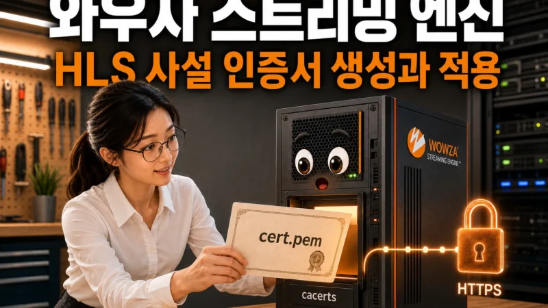 와우자 스트리밍 엔진 서버의 Java 신뢰 저장소에 HLS 사설 인증서를 등록해 HTTPS 연결을 설정하는 모습을 묘사한 가로 섬네일 이미지
