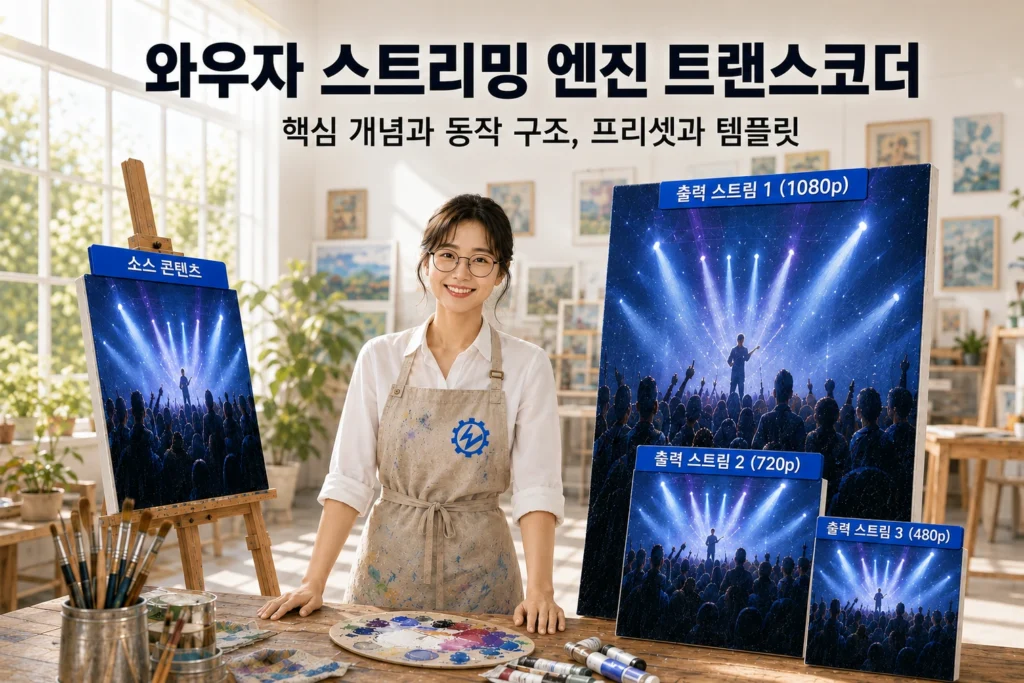 와우자 스트리밍 엔진 트랜스코더를 이용해 소스 콘텐츠를 여러 해상도의 출력 스트림으로 출력하는 모습을 묘사한 가로 섬네일 이미지