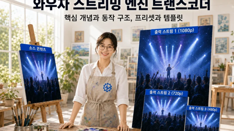 와우자 스트리밍 엔진 트랜스코더를 이용해 소스 콘텐츠를 여러 해상도의 출력 스트림으로 출력하는 모습을 묘사한 가로 섬네일 이미지